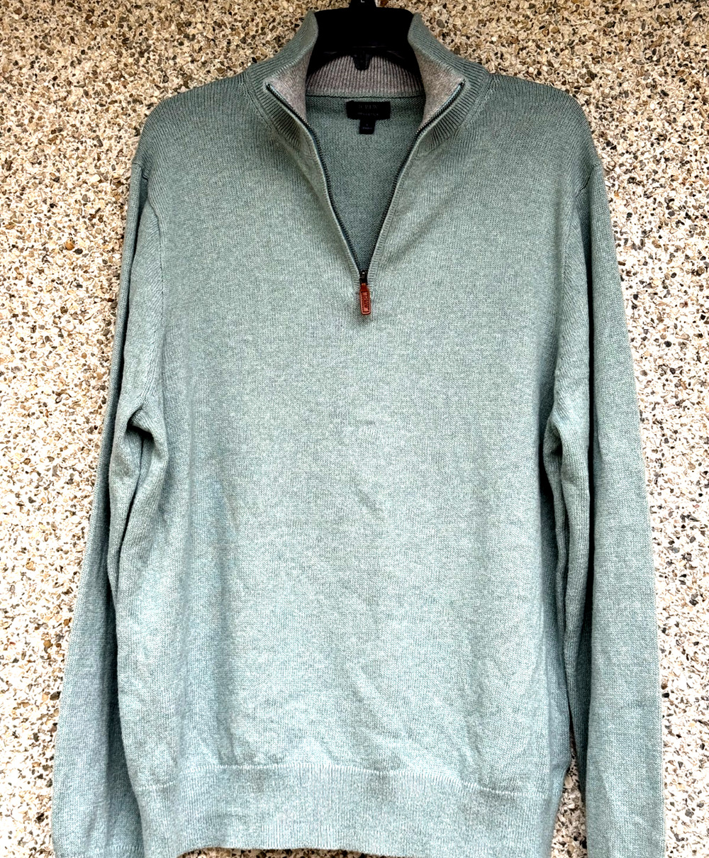 J.Crew Men's Large L Quarter Zip Cotton Sweater Heather Green Sage Pullover BF09